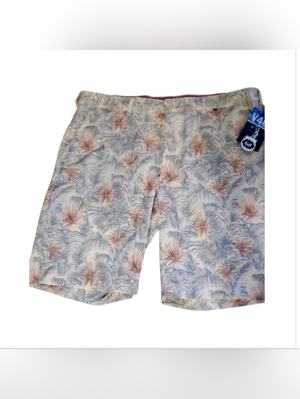 V46 Vintage 1946 Khaki Grey Tropical Leaf Men's Performance Golf Shorts, Sz 38
